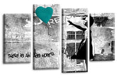LR Banksy Wall Art Heart Picture Teal Grey Balloon Girl Framed Canvas Print Love Graffiti Split Panel