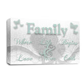 LR Family Love Quote Wall Art Picture – White & Duck Egg Framed Canvas Print | Ready to Hang | Modern Wall Art for Living Room, Bedroom & Office