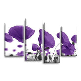 LR Floral Rose Poppy Wall Art Picture – Purple & White Framed 4 Panel Split Canvas Print | Ready to Hang | Modern Wall Art for Living Room, Bedroom & Office