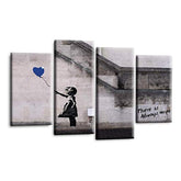 LR Banksy Wall Art Picture – Grey & Blue Graffiti Art Framed 4 Panel Split Canvas Print | Ready to Hang | Modern Wall Art for Living Room, Bedroom & Office
