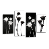LR Floral Rose Wall Art Picture – Grey, Black & White Framed 4 Panel Split Canvas Print | Ready to Hang | Modern Wall Art for Living Room, Bedroom & Office