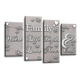 LR Family Love Quote Wall Art Picture – Grey, White & Powder Grey Framed 4 Panel Split Canvas Print | Ready to Hang | Modern Wall Art for Living Room, Bedroom & Office