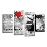 LR Banksy Heart Wall Art Picture – Grey & Red Graffiti Art Framed 4 Panel Split Canvas Print | Ready to Hang | Modern Wall Art for Living Room, Bedroom & Office