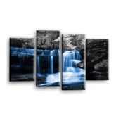 LR Blue Waterfall Wall Art Picture – Black & White Forest Framed 4 Panel Split Canvas Print | Ready to Hang | Modern Wall Art for Living Room, Bedroom & Office