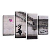 LR Banksy Wall Art Picture – Purple & Grey Graffiti Art Framed 4 Panel Split Canvas Print | Ready to Hang | Modern Wall Art for Living Room, Bedroom & Office