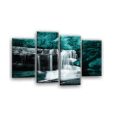 LR Waterfall Forest Wall Art Picture – Grey, Teal & Black Framed 4 Panel Split Canvas Print | Ready to Hang | Modern Wall Art for Living Room, Bedroom & Office