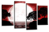 LR Landscape Canvas Wall Art Picture Black White Red Big Moon Lake Floral Framed Split Panel Canvas Print