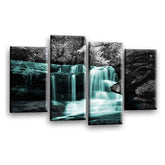 LR Waterfall Teal Wall Art Picture – Grey & Forest Framed 4 Panel Split Canvas Print | Ready to Hang | Modern Wall Art for Living Room, Bedroom & Office