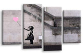 LR Banksy Wall Art Picture – Grey & Pink Graffiti Art Framed 4 Panel Split Canvas Print | Ready to Hang | Modern Wall Art for Living Room, Bedroom & Office