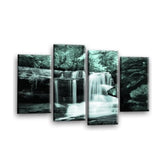 LR Waterfall Forest Wall Art Picture – Grey, White & Duck Egg Framed 4 Panel Split Canvas Print | Ready to Hang | Modern Wall Art for Living Room, Bedroom & Office