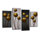 LR Gold Floral Rose Wall Art Picture – Grey Framed 4 Panel Split Canvas Print | Ready to Hang | Modern Wall Art for Living Room, Bedroom & Office