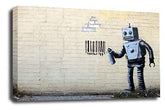 LR Banksy Robot Art Print Grey White Graffiti Framed Canvas Wall Picture Ready to Hang