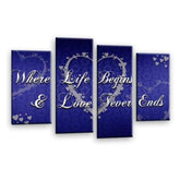 LR Love Wall Art Picture – Grey & Blue Quote Framed 4 Panel Split Canvas Print | Ready to Hang | Modern Wall Art for Living Room, Bedroom & Office