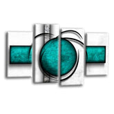 LR Abstract Wall Art Picture – Teal & White Modern Framed 4 Panel Split Canvas Print | Ready to Hang | Modern Wall Art for Living Room, Bedroom & Office