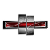 LR Red Grey Abstract Wall Art Picture – Black Modern Framed 4 Panel Split Canvas Print | Ready to Hang | Modern Wall Art for Living Room, Bedroom & Office