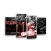 LR Red Waterfall Wall Art Picture – Black & White Forest Framed 4 Panel Split Canvas Print | Ready to Hang | Modern Wall Art for Living Room, Bedroom & Office