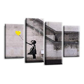 LR Banksy Heart Wall Art Picture – Grey & Yellow Graffiti Art Framed 4 Panel Split Canvas Print | Ready to Hang | Modern Wall Art for Living Room, Bedroom & Office