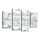 LR Family Love Quote Wall Art Picture – White & Duck Egg Framed 4 Panel Split Canvas Print | Ready to Hang | Modern Wall Art for Living Room, Bedroom & Office