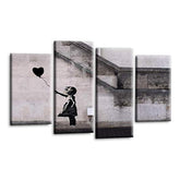 LR Banksy Heart Wall Art Picture – Grey & Black Graffiti Art Framed 4 Panel Split Canvas Print | Ready to Hang | Modern Wall Art for Living Room, Bedroom & Office