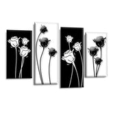LR Floral Rose Wall Art Picture – Grey, Black & White Framed 4 Panel Split Canvas Print | Ready to Hang | Modern Wall Art for Living Room, Bedroom & Office