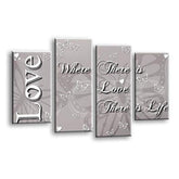 LR Love Wall Art Picture – Grey, Silver & Powder Grey Family Quote Framed 4 Panel Split Canvas Print | Ready to Hang | Modern Wall Art for Living Room, Bedroom & Office