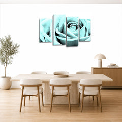LR Floral Duck Egg Rose Wall Art Picture Framed 4 Panel Split Canvas Print | Ready to Hang | Modern Wall Art for Living Room, Bedroom & Office