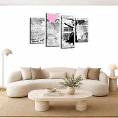 LR Banksy Wall Art Picture – Grey & Pink Graffiti Art Framed 4 Panel Split Canvas Print | Ready to Hang | Modern Wall Art for Living Room, Bedroom & Office