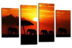 Elephant Sunset Wall Art Picture Orange Grey Animal Africa Framed Split Canvas Print Ready to Hang LH
