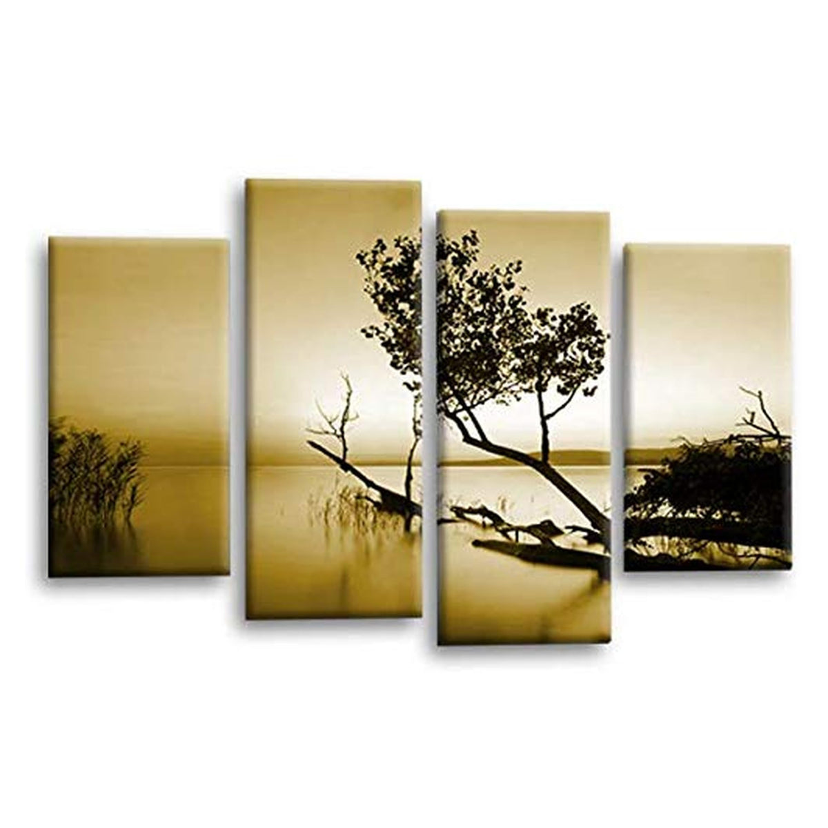 LR Sunset Landscape Lake Wall Art Picture – Cream & Brown Floral Framed 4 Panel Split Canvas Print | Ready to Hang | Modern Wall Art for Living Room, Bedroom & Office