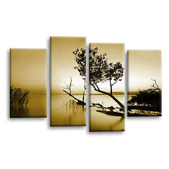 LR Sunset Landscape Lake Wall Art Picture – Cream & Brown Floral Framed 4 Panel Split Canvas Print | Ready to Hang | Modern Wall Art for Living Room, Bedroom & Office
