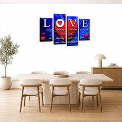 LR Love Quote Wall Art Picture – Red & Blue Framed 4 Panel Split Canvas Print | Ready to Hang | Modern Wall Art for Living Room, Bedroom & Office