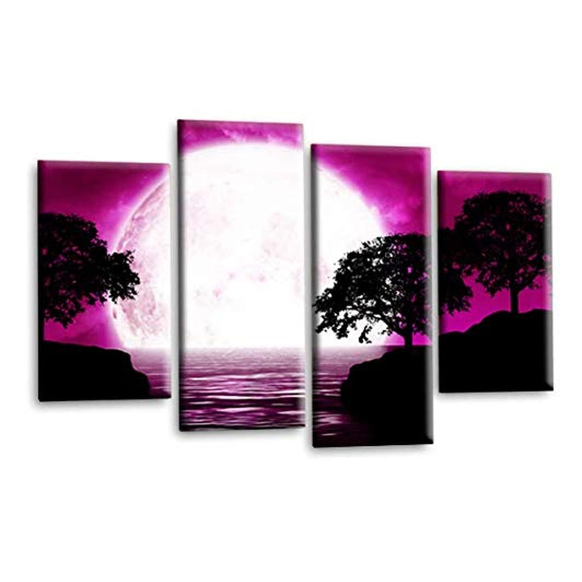 LR Landscape Wall Art Picture – Purple, Black & White Floral Framed 4 Panel Split Canvas Print | Ready to Hang | Modern Wall Art for Living Room, Bedroom & Office