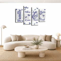 LR Family Love Quote Wall Art Picture – Blue & White Framed 4 Panel Split Canvas Print | Ready to Hang | Modern Wall Art for Living Room, Bedroom & Office