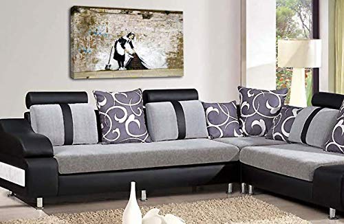 LR Banksy Maid Sweeping Art Print Cleaning Carpet Framed Canvas Wall Picture Ready to Hang