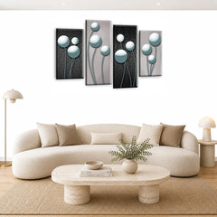 LR Duck Egg Floral Rose Wall Art Picture – Grey Framed 4 Panel Split Canvas Print | Ready to Hang | Modern Wall Art for Living Room, Bedroom & Office