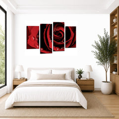 LR Floral Red Rose Wall Art Picture Framed 4 Panel Split Canvas Print | Ready to Hang | Modern Wall Art for Living Room, Bedroom & Office
