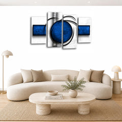 LR Abstract Wall Art Picture – Blue & White Modern Framed 4 Panel Split Canvas Print | Ready to Hang | Modern Wall Art for Living Room, Bedroom & Office