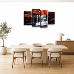 LR Waterfall Orange Wall Art Picture – Grey & Forest Framed 4 Panel Split Canvas Print | Ready to Hang | Modern Wall Art for Living Room, Bedroom & Office