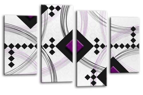 LR Purple Abstract Wall Art Picture Black White Stripes Checks Framed Split Panel Print Ready to Hang