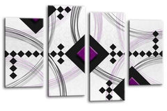 LR Purple Abstract Wall Art Picture Black White Stripes Checks Framed Split Panel Print Ready to Hang