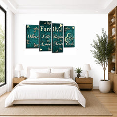 LR Family Love Quote Wall Art Picture – Teal & Cream Framed 4 Panel Split Canvas Print | Ready to Hang | Modern Wall Art for Living Room, Bedroom & Office