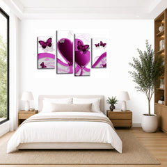 LR Butterfly Heart Wall Art Picture – Purple & White Floral Abstract Framed 4 Panel Split Canvas Print | Ready to Hang | Modern Wall Art for Living Room, Bedroom & Office