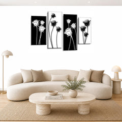 LR Floral Rose Wall Art Picture – Grey, Black & White Framed 4 Panel Split Canvas Print | Ready to Hang | Modern Wall Art for Living Room, Bedroom & Office
