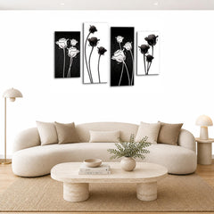 LR Floral Rose Wall Art Picture – Grey, Black & White Framed 4 Panel Split Canvas Print | Ready to Hang | Modern Wall Art for Living Room, Bedroom & Office
