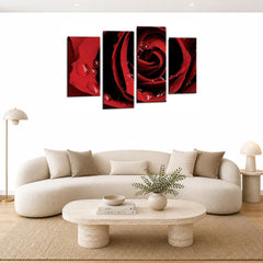 LR Floral Red Rose Wall Art Picture Framed 4 Panel Split Canvas Print | Ready to Hang | Modern Wall Art for Living Room, Bedroom & Office