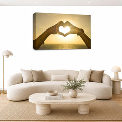 LR Love Heart Sunset Hands Wall Art Picture – Yellow, Gold & Orange Framed Canvas Print | Ready to Hang | Modern Wall Art for Living Room, Bedroom & Office