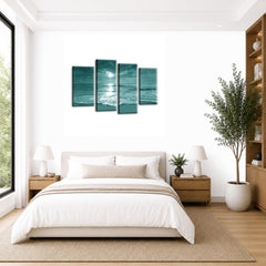 LR Sunset Beach Wall Art Picture – Teal & Cream Seascape Framed 4 Panel Split Canvas Print | Ready to Hang | Modern Wall Art for Living Room, Bedroom & Office