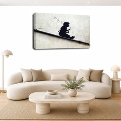 LR Banksy Bubble Girl Wall Art Picture – Grey & White Graffiti Art Framed Canvas Print | Ready to Hang | Modern Wall Art for Living Room, Bedroom & Office