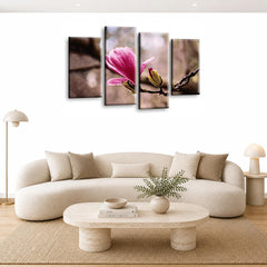 LR Floral Rose Wall Art Picture – Grey & Pink Framed 4 Panel Split Canvas Print | Ready to Hang | Modern Wall Art for Living Room, Bedroom & Office