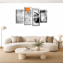 LR Banksy Wall Art Picture – Grey & Orange Graffiti Art Framed 4 Panel Split Canvas Print | Ready to Hang | Modern Wall Art for Living Room, Bedroom & Office